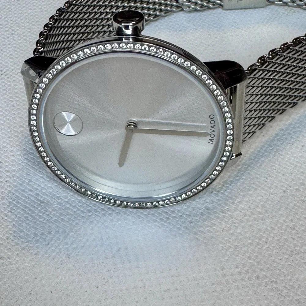 Movado Bold Women's Swiss Quartz Watch Crystal Bezel Silver Mesh Bracelet